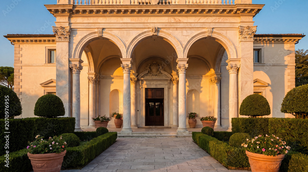Obraz premium Elegant classical villa architecture featuring a white marble portico with ornate columns, arched entryway, and manicured formal garden during golden hour sunset