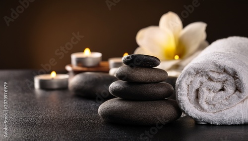 relaxing spa scene with smooth stones and towel on dark surface