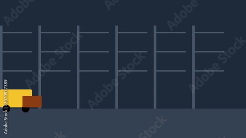 Minimalist flat animation of a delivery truck driving past power lines logistics transportation