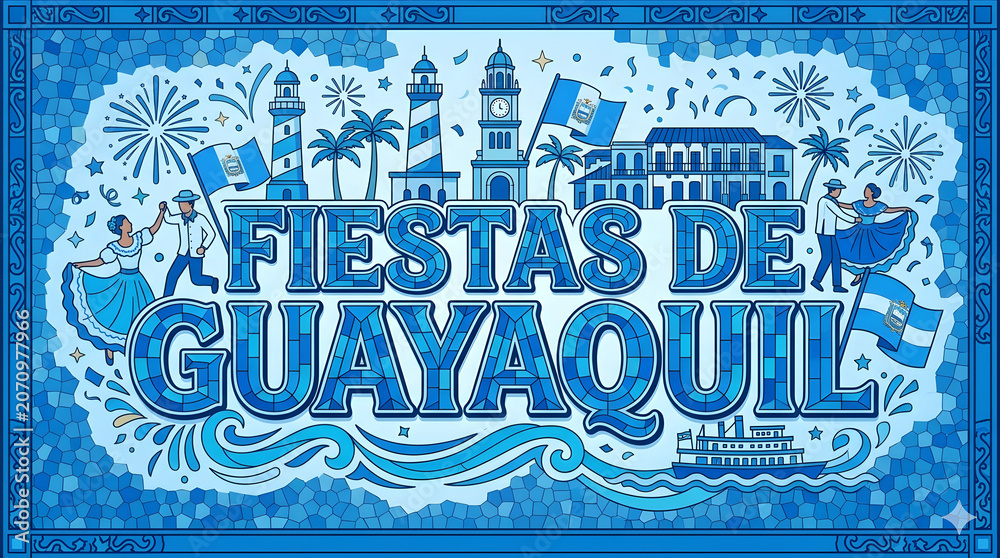 Fototapeta premium Ilustración azul de Fiestas de Guayaquil-Ecuador en mosaico