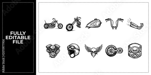 Fotografía Black ink scribble chopper and classic bike icon set bundle featuring hand drawn doodle sketch vector illustrations for motorcycle club branding and retro garage design art