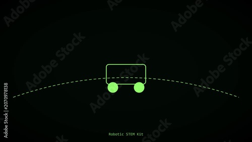 Minimalist robotic stem kit animation, green line vehicle on black background, for technology and, education projects