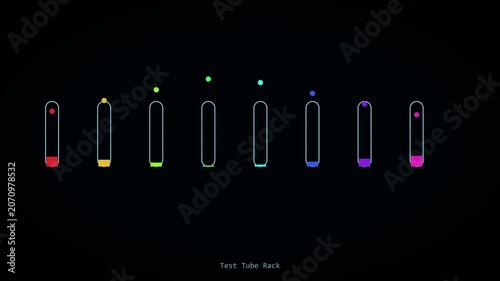Minimalist science loading animation with colorful test tubes and floating particles on dark background