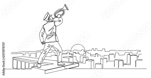 фотографія Bugler blowing trumpet over city skyline at sunrise continuous line drawing, sol