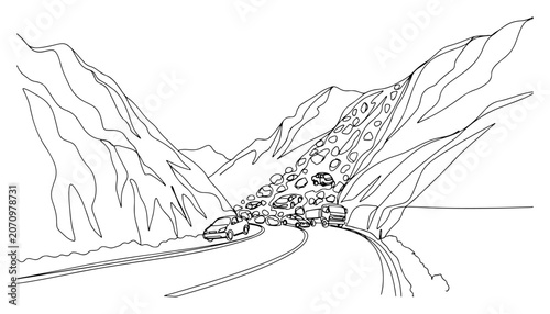 Εκτύπωση καμβά Landslide on mountain road with cars continuous line drawing, rockfall disaster