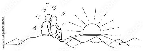 Fotografi Couple in love watching sunrise on mountain top continuous line drawing, romanti