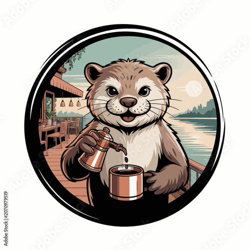 Foto Cute otter enjoying coffee by lakeside cabin.