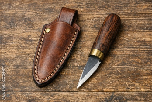 A close-up of a knife and its sheath placed on a wooden table, with a rustic background