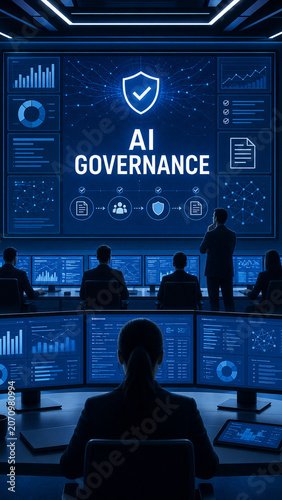 Futuristic command center with professionals monitoring AI governance dashboards, security shield, compliance workflow, and data analytics screens.