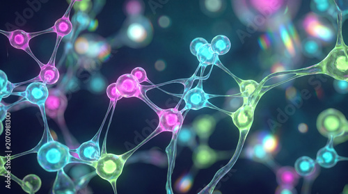Cuadro en lienzo Abstract 3D render of colorful glowing molecular structures and interconnected p