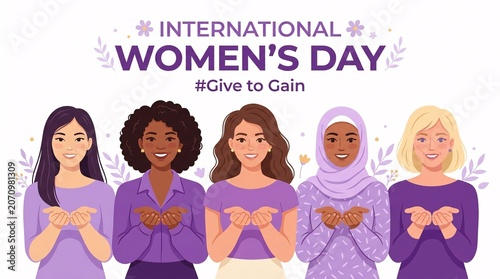 Five diverse women standing together in support for International Women Day holding their hands out
