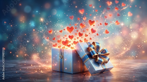 A magical blue gift box opens to reveal a glowing fountain of floating red hearts