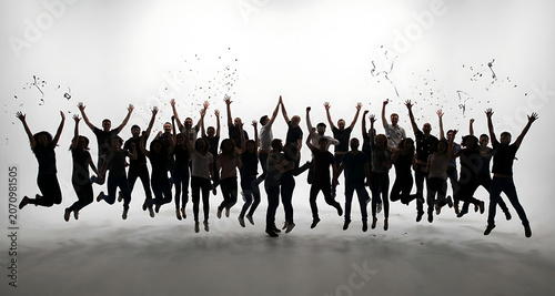Large Group of Diverse People Jumping Joyfully with Arms Raised and Falling Confetti