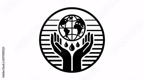 A circular monochrome logo depicting two hands cupping a globe with falling water droplets inside