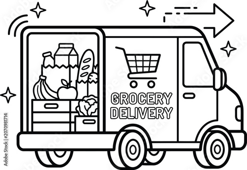 Groceries delivery van with shopping cart illustration