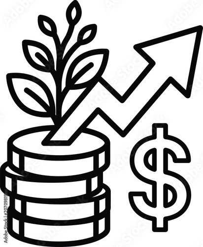 Growing plant on stack of coins with upward dollar arrow