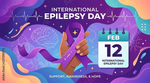A vibrant graphic illustration depicting International Epilepsy Day with a hand holding a purple ribbon