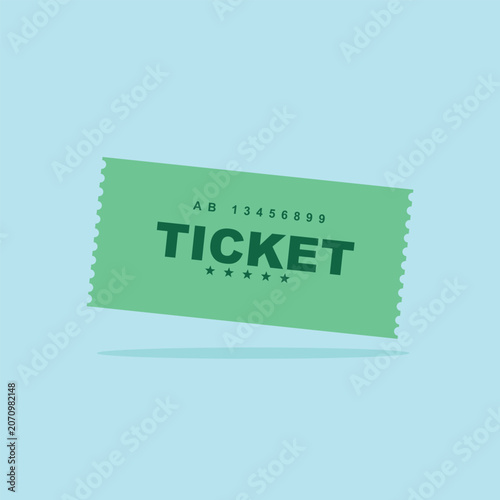 Single green paper admission ticket floating against a solid light blue background with admission performance floating