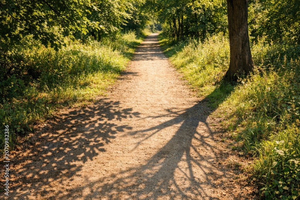 Fototapeta premium A tree casts a long shadow on a dirt path, perfect for travel or outdoor-themed projects