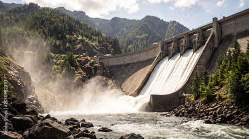 Foto Large concrete hydroelectric dam releasing massive amounts of white water throug