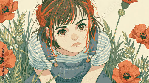 Curious Girl with Red Bows in Poppy Field – Whimsical Childhood Illustration