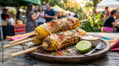 Grilled Mexican Street Corn Elotes with Cheese and Chili at Outdoor Food Market