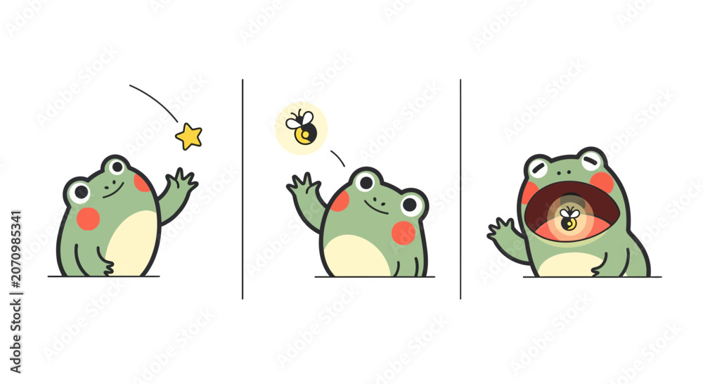 Fototapeta premium Cute Cartoon Frog Catching and Eating a Firefly Comic Strip