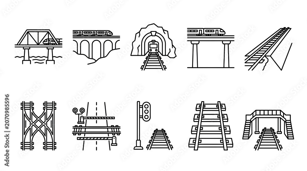 Obraz premium Diverse Set of Railway Infrastructure Vector Line Icons Depicting Bridges, Tunnels, Tracks, Crossings, and Signals for Transportation Design