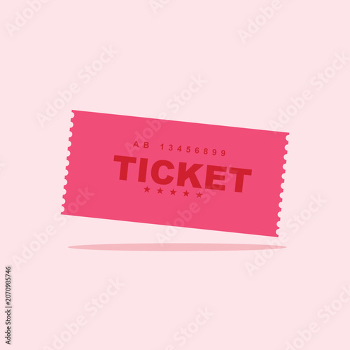 Single pink paper admission ticket floating against a solid light pink background with admission performance floating