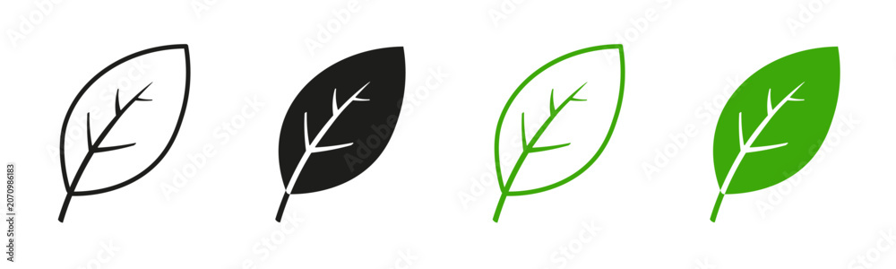 Naklejka premium Leaf icon. Outline and filled botanical leaf symbols representing nature, sustainability, eco friendly products, organic growth, and environmental responsibility. Leaf vector illustration.