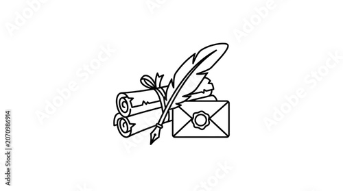 Vintage Scroll with Feather Quill Pen and Wax Sealed Envelope