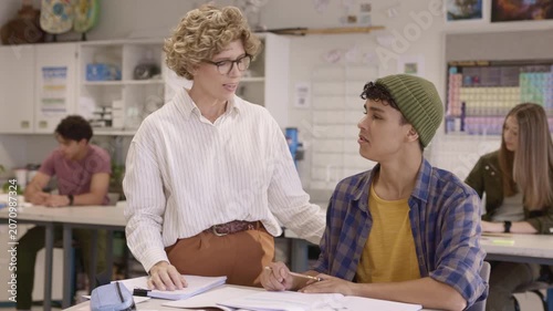 Professor teaching to male teen student in classroom