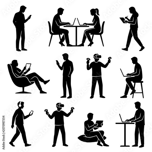 People Using Technology Digital Devices and Gadgets Silhouettes Vector Collection Isolated, Transparent background