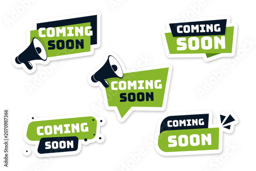 Set of light green coming soon stickers with a dark megaphone icon