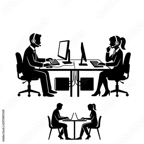 Customer service operators working at desk with computers and laptops vector illustration silhouette. Transparent background.