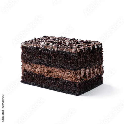 Piece of chocolate brownie cake with cream isolated on white background. Sweets, dessert and pastry, close up