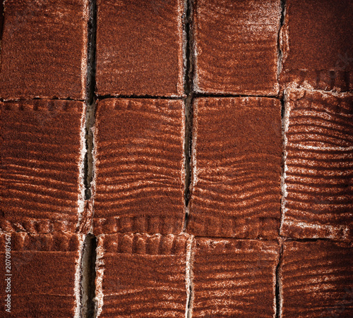 Pieces of tiramisu cake with powdered cocoa, tiramisu background. Sweets, dessert and pastry, close up, top view