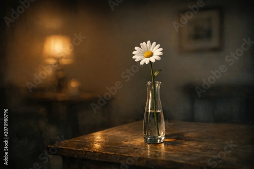 A single flower sits in a glass vase on a table, waiting to be admired