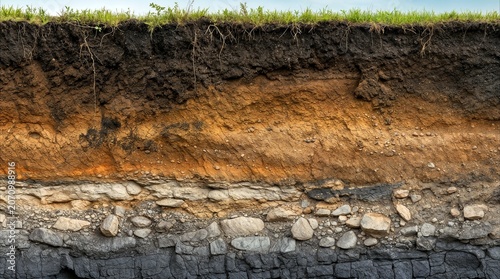 Soil profile showing distinct geological layers from topsoil to bedrock. Cross section of earth horizons for environmental science and agriculture education.