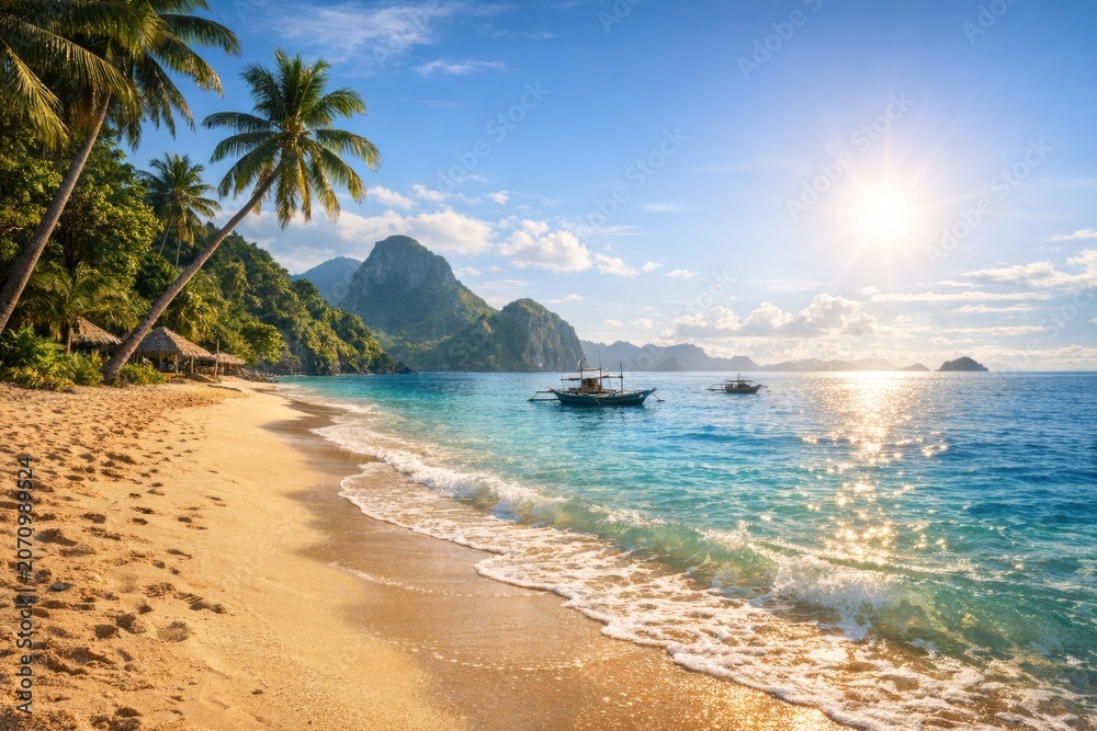 Fototapeta premium Coastal landscape featuring palm trees and a boat on the water, suitable for travel or leisure concepts