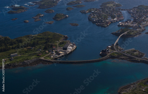 Bild auf Leinwand Aerial View of Lofoten Islands Norway with Coastal Village and Harbor