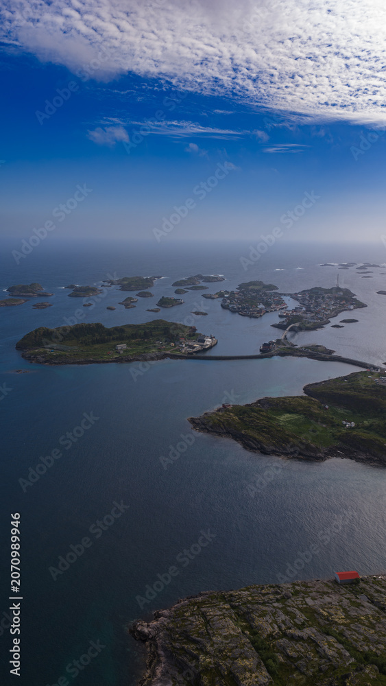 Fototapeta premium Aerial View of Lofoten Islands Archipelago with Coastal Village Norway
