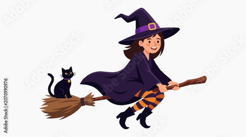 Young Witch Riding Broomstick Halloween Flat Vector Illustration