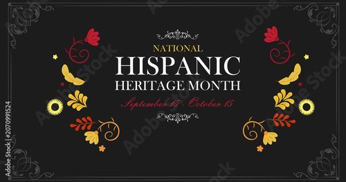 National Hispanic Heritage Month motion graphics. Festive background with floral ornament and celebratory typography honoring Hispanic culture and traditions. Animated cartoon