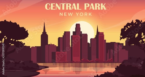 Central Park landscape motion graphics. Scenic view of famous urban park in New York City with green spaces, tranquil lakes and surrounding skyline. Travel destination. Animated cartoon