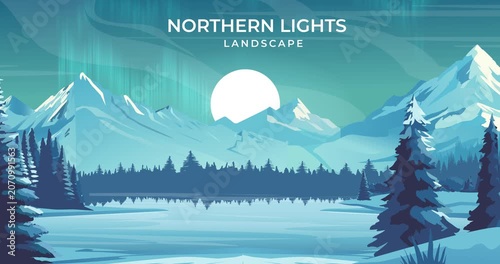 Northern Lights Landscape motion graphics. Beautiful scenery of North Pole with icy mountains, frozen lake, pine forest and Aurora Borealis. Natural phenomenon. Animated cartoon