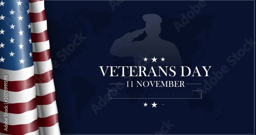 American Veterans Day motion background. Patriotic banner with USA flag honoring military veterans, service members and their dedication to nation. Gratitude and remembrance. Animated graphics