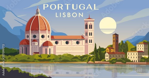 Travel destination motion design. Beautiful scenery of Lisbon, Portugal. Landscape with ancient architecture of European city, mountains and landmark on Atlantic Ocean coast. Animated graphics