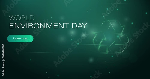 World Environment Day motion design. Eco friendly banner with green recycling symbol promoting sustainable living and waste reduction. Caring for nature and saving Earth. Animated graphics