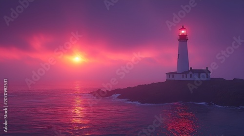 Lighted lighthouse on rocky coast at sunset.